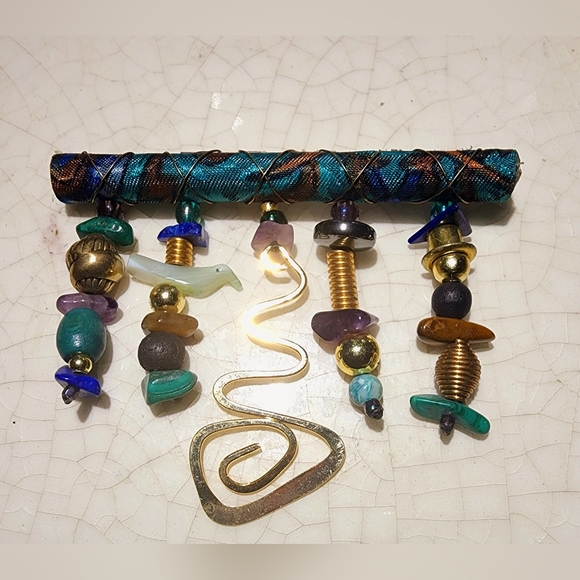 2 1/2 inch Egyptian revival bar dangle brooch, geometric charms, colorful - Picture 1 of 5